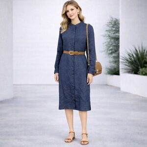 NEW Eileen Fisher Blue Washed-Organic-Linen Délavé Shirtdress Size Small